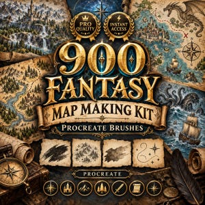 Può includere: Una collezione di risorse digitali intitolata 900 FANTASY MAP MAKING KIT PROCREATE BRUSHES, con testo dorato su sfondo scuro. L'immagine mostra elementi di mappe fantasy, tra cui montagne, un castello, un drago, navi e una bussola.
