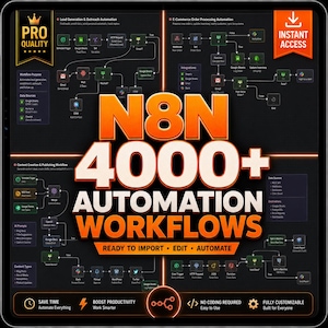 May include: A digital graphic display featuring the text N8N 4000+ AUTOMATION WORKFLOWS in large orange letters. The background is dark with complex flowcharts illustrating lead generation, e-commerce order processing, and content creation workflows.