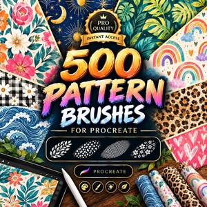 May include: A digital collection of 500 pattern brushes for Procreate, featuring a central gold emblem and text. The display showcases various patterns including floral, celestial, rainbow, leopard print, and wave designs, with a stylus visible.