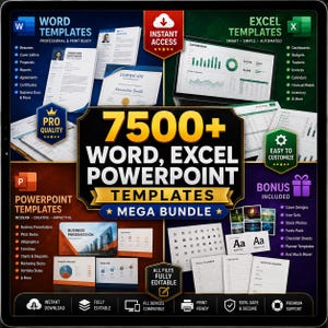 Pode incluir: Um pacote de produtos digitais com mais de 7500 modelos de Word, Excel e PowerPoint. O gráfico exibe várias visualizações de documentos, incluindo currículos, certificados, painéis e slides de apresentação com etiquetas como Instant Access e Fully Editable.