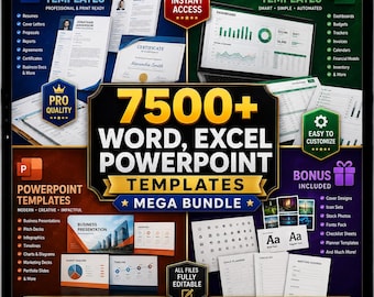 Op de afbeelding: Een digitaal productpakket met meer dan 7500 Word-, Excel- en PowerPoint-sjablonen. De afbeelding toont diverse documentvoorbeelden, waaronder cv's, certificaten, dashboards en presentatiedia's, met tekstlabels zoals Instant Access en Fully Editable.