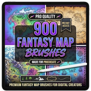 May include: A digital tablet screen displaying a collection of 900 fantasy map brushes for Procreate. The screen features colourful map illustrations, a white stylus, and text reading PRO QUALITY, INSTANT ACCESS, 900 FANTASY MAP BRUSHES, MADE FOR PROCREATE, and PREMIUM FANTASY MAP BRUSHES FOR DIGITAL CREATORS.