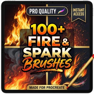 Pinceles de fuego y chispas para Procreate: llamas, brasas, humo, brillo y efectos especiales.
