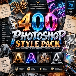 Puede incluir: Un anuncio gráfico digital para un paquete de 400 estilos de Photoshop con efectos de texto brillantes en oro, azul y rosa. El diseño incluye varias muestras de la letra A, etiquetas como Premium Quality e iconos de software Adobe Photoshop.