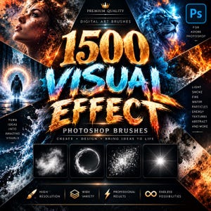 Op de afbeelding: Een digitale kunstpenseelset voor Adobe Photoshop met 1500 visuele effecten, waaronder licht, rook, vuur, water, deeltjes, energie en texturen. De afbeelding toont een verzameling van vurige en ijzige beelden met opvallende gouden en blauwe tekst.
