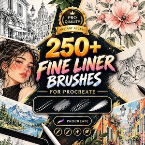 May include: A digital product display featuring 250+ fine liner brushes for Procreate. The graphic includes a gold badge, text, and various artistic illustrations such as a portrait, a cat, landscapes, and architectural scenes with a stylus.