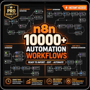 Può includere: Un grafico digitale che mostra n8n 10000+ AUTOMATION WORKFLOWS con sfondo nero e testo arancione. Il layout presenta quattro quadranti di diagrammi di flusso per la generazione di lead, contenuti, e-commerce e sincronizzazione dati.