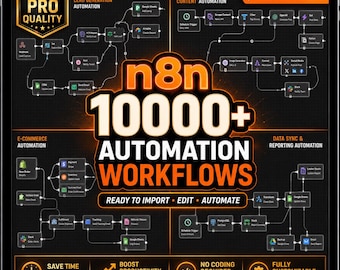 Könnte beinhalten: Eine digitale Grafik mit der Aufschrift n8n 10000+ AUTOMATION WORKFLOWS auf schwarzem Hintergrund mit orangefarbenem Text. Das Layout zeigt vier Quadranten mit Workflow-Diagrammen für Lead-Generierung, Content, E-Commerce und Datensynchronisation.