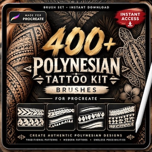 Pode incluir: Um gráfico digital para um conjunto de pincéis Procreate intitulado 400+ Polynesian Tattoo Kit. O design apresenta texto dourado e branco sobre um fundo preto, exibindo padrões tribais complexos, uma tartaruga marinha e uma flor.