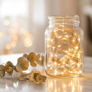 Può includere: Un barattolo di vetro trasparente riempito con una catena di luci LED a filo di colore bianco caldo. Il barattolo è posizionato accanto a un piccolo ramo di eucalipto essiccato con foglie verde tenue, creando un display morbido e illuminato.