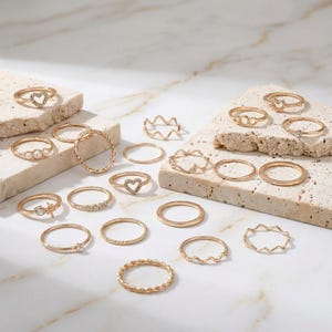 Gold Stacking Rings Set of 28, Delicate Stackable Ring Set for Women, Summer Minimalist Gold Tone Jewelry, Layered Ring Party Wear