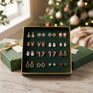 Puede incluir: Una colección de veinte pequeños pendientes de Navidad dispuestos en una caja expositora de color verde oscuro. El conjunto incluye diseños de árboles de Navidad, copos de nieve, Papá Noel, renos, muñecos de nieve, bastones, bolas y estrellas.
