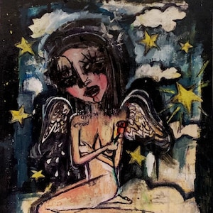 May include: A painting of a woman with angel wings, kneeling and holding a red rose. The background is a dark blue with white clouds and yellow stars. The text "To Love to Revere" is written at the bottom of the painting.