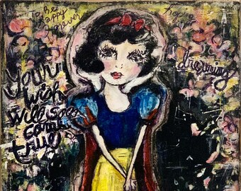 Snow White:Someday-Original Mixed Media Collage On Recycled Wood-Drawing-Covid-19 Quarantine Pandemic Art-Urban Graffiti Street Art Wall Art