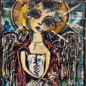 May include: A painting of an angel with a halo, wings, and a white dress. The angel is holding a white flower. The painting is done in a colorful style with a lot of texture. The text "Full of broken thoughts I cannot repair" is written on the bottom of the painting.