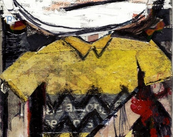 May include: A yellow and black abstract collage with a red splatter of paint. The collage features a person wearing a yellow shirt with a black zig-zag pattern. The text "Vincent Salerno" is visible in the bottom left corner.