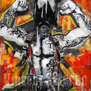 May include: A mixed media collage featuring a muscular figure with tattoos and a black mask. The figure is wearing a harness and has a cross on their chest. The background is a vibrant mix of red, yellow, and orange.