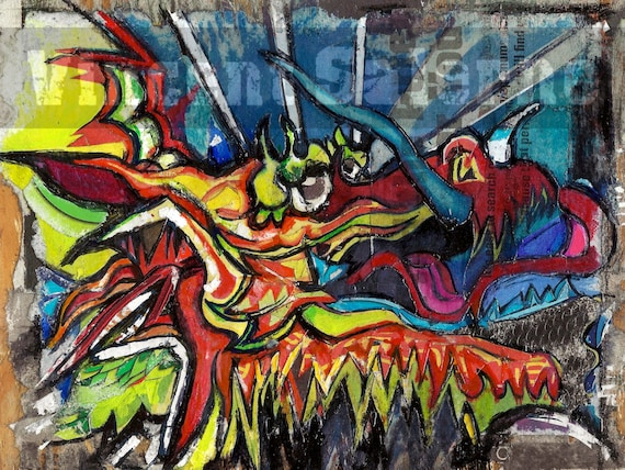 Dragon Mixed Media Art Asian Dragon, Print, Black & White, Graphite,