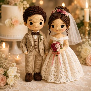 May include: Two amigurumi dolls representing a wedding couple. The groom wears a tan suit with a brown bowtie and shoes. The bride wears a white off-the-shoulder dress, a veil, a floral crown, and holds a small bouquet of pink and red roses.