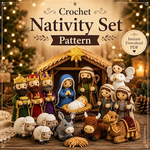 Mönster för virkat julkrubbaset, jul Amigurumi julkrubba PDF, virkmönster för den heliga familjen, Jesusbarnet Maria Josef DIY-dekor