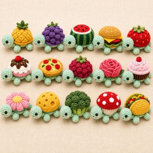 May include: A collection of fifteen small, crocheted turtle figurines, each featuring a unique shell design inspired by various foods and flowers, including a pineapple, blackberry, watermelon, burger, strawberry, cupcake, pizza, raspberry, rose, and taco.