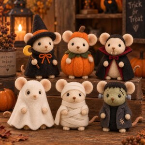 May include: A set of six needle-felted mice dressed in Halloween costumes, including a witch with a crescent moon staff, a pumpkin, a vampire with a cape, a ghost, a mummy wrapped in white fabric, and a green monster with bolts on its head.