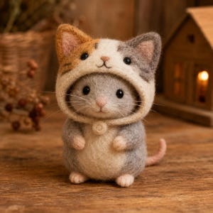 May include: A needle-felted mouse figurine wearing a removable cat-shaped hood. The mouse has light grey fur with a cream-coloured belly. The hood features a calico pattern with patches of orange, grey, and white, complete with small ears and whiskers.