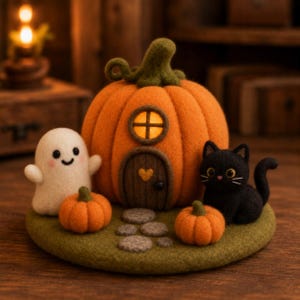 May include: A needle-felted pumpkin house with a glowing window and a brown door featuring a heart accent. The scene includes a small white ghost, a black cat, and two tiny pumpkins on a circular green base with a grey stone path leading to the door.