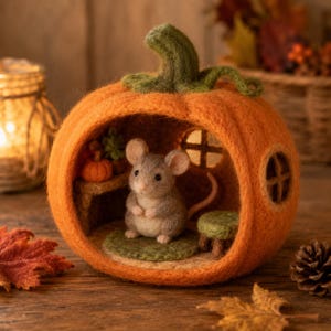 Puede incluir: Una casa de calabaza naranja de lana fieltrada con tallo verde, una pequeña ventana redonda y frente abierto. Dentro, un ratón de fieltro gris se sienta sobre una alfombra verde junto a una mesa pequeña, una mini calabaza y un taburete.