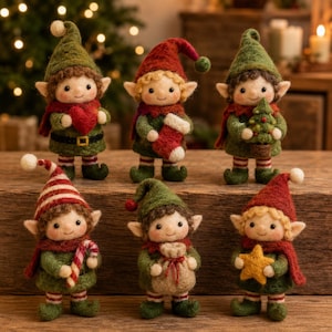 May include: Six needle-felted elf figurines with pointed hats, green outfits, and red scarves. Each elf holds a different item: a red heart, a red stocking, a small Christmas tree, a candy cane, a beige sack, or a yellow star, all with striped socks.