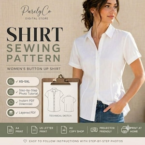 May include: A digital sewing pattern for a button-up shirt by PurelyCo Digital Store. The image displays a white short-sleeved shirt, a technical sketch on a clipboard, and text listing features like XS-5XL sizing, PDF download, and printing options.