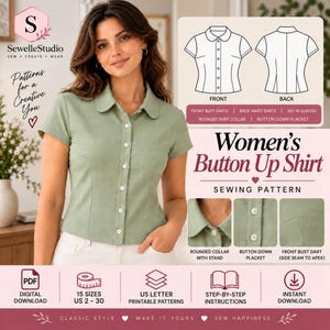 Patron de couture PDF pour chemise boutonnée femme | Chemisier classique à col | Patron de haut à manches courtes | Format imprimable A4, US Letter et A0