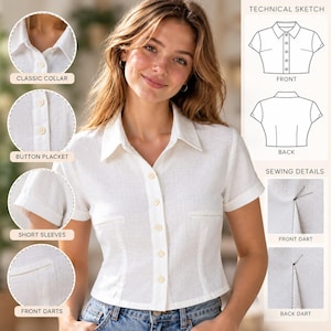 Women's Button Up Shirt Sewing Pattern PDF | Classic Collared Blouse | Short Sleeve Top Pattern | Printable A4 US Letter A0 PDF