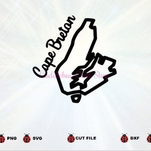 Puede incluir: Ilustración en blanco y negro de líneas de arte del contorno de la isla de Cabo Bretón, Canadá. El texto "Cabo Bretón" está escrito en una fuente cursiva sobre la isla.