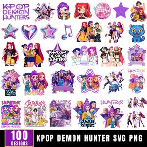 May include: A collection of 100 digital stickers featuring K-Pop Demon Hunters characters, groups, and icons. Designs include anime-style figures, stars, hearts, musical notes, and text reading K-Pop Demon Hunters, HUNTR/X, Rumi, Mira, and Zoey.