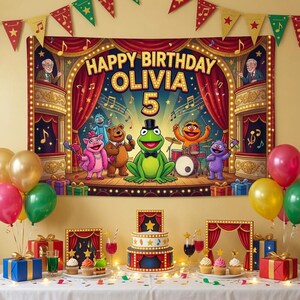 Personalized Muppets Birthday Backdrop, Custom Name Age Party Tapestry, Kermit Miss Piggy Stage Decor, Muppet Show Party Banner