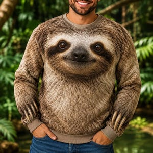 May include: A long-sleeve crewneck sweatshirt featuring a realistic, full-front photographic print of a sloth face with brown fur textures. The sleeves include printed graphic details of sloth claws near the ribbed cuffs.