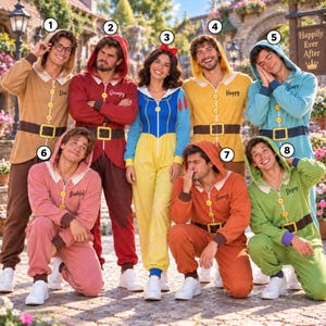 May include: A group of eight people wearing hooded fleece jumpsuits inspired by Snow White and the Seven Dwarfs. The outfits include Doc in tan, Grumpy in red, Snow White in blue and yellow, Happy in yellow, Sleepy in blue, Bashful in pink, Sneezy in orange, and Dopey in green. Each jumpsuit features a front zip, yellow buttons, and a black belt graphic.