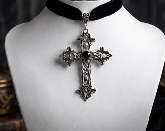 Collana girocollo gotica con croce, velluto nero, ciondolo vittoriano, gioielli gotici in argento antico
