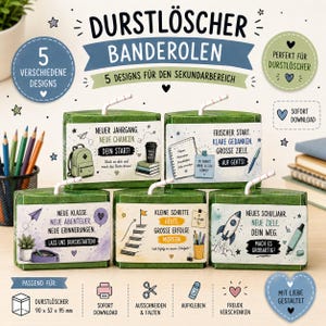 May include: Five green drink box wrappers featuring school-themed illustrations and German text. Each wrapper includes a white straw and motivational phrases like 'Neuer Jahrgang' and 'Neues Schuljahr'. The set includes instructions for printing, cutting, and folding for 90 x 52 x 95 mm boxes.