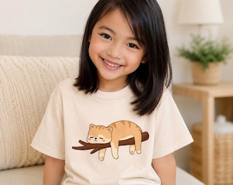 Sleepy Cat Kids Shirt, Cute Cat on Branch Tshirt, Toddler Cat Lover Gift, Boho Neutral Kids Tee, Girls Boys Animal Shirt, Birthday Gift