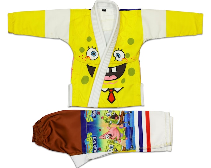 Featured listing image: Kids SpongeBob BJJ Gi Set, Yellow Cartoon Jiu Jitsu Uniform, Patrick Martial Arts