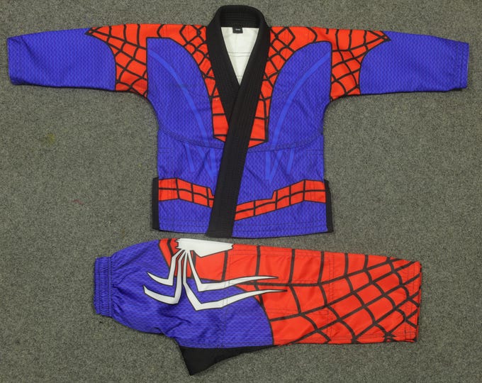 Featured listing image: Kids Red Blue Web Print Spiderman BJJ Gi Set, Martial Arts Training Uniform