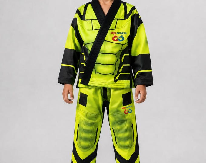 Featured listing image: Kids Wolverine BJJ Gi Set, Neon Yellow Black Jiu Jitsu Uniform, Superhero Inspired