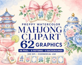 May include: A digital collection of watercolour Mahjong clipart featuring 62 graphics, including a pagoda, blue and white ginger jar, cocktail glass with lime, pink bows, floral arrangements, and Mahjong tiles with various botanical and game designs.
