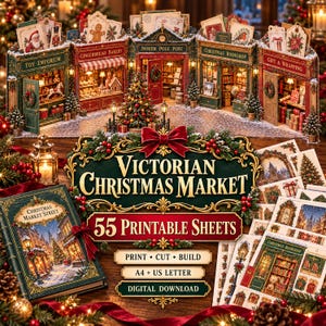 May include: A Victorian Christmas Market kit featuring 55 printable sheets for building miniature shops like a Toy Emporium, Gingerbread Bakery, North Pole Post, Christmas Bookshop, and Gift & Wrapping store, including A4 and US Letter digital files.