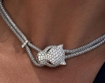 Collana con testa di pantera in argento sterling S925 – Ciondolo in moissanite, design a doppia catena