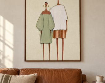 Hand Painted Fashion Couple Oil Painting, Minimalist Figure Wall Art, Modern Portrait Canvas, Neutral Elegant Home Decor