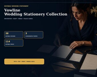 Bearbeitbares Hochzeitskarten-Set, 114 Vorlagen, Einladungsset, RSVP-QR-Code, Schilder, PowerPoint- und Canva-Import