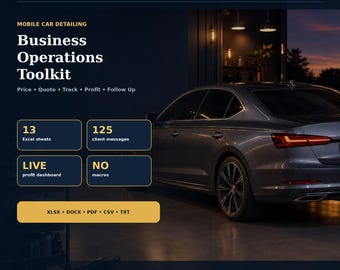 Mobile Car Detailing Business Toolkit | Excel CRM, Quotes, Pricing, Profit, Client Messages & Vehicle Forms